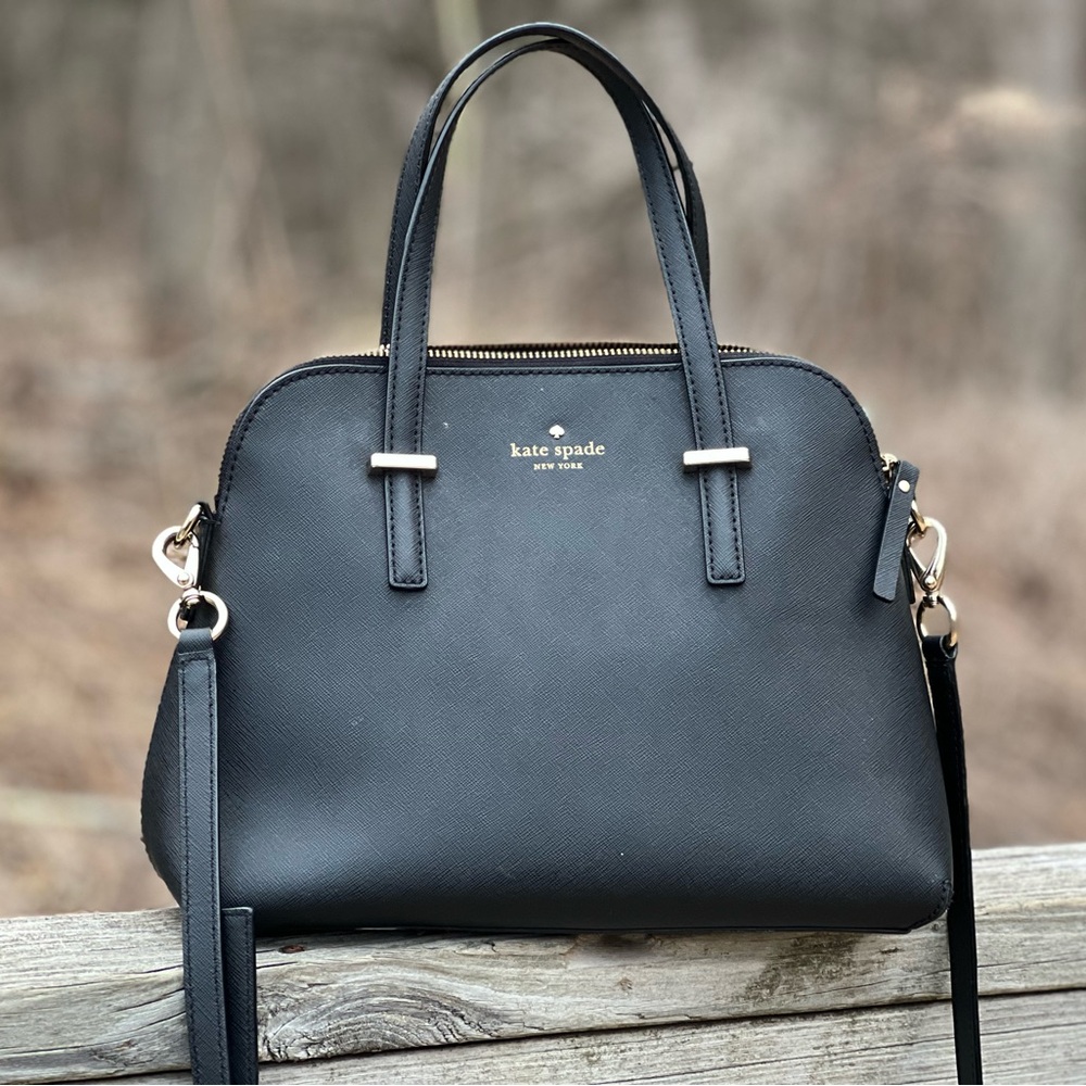 kate spade black saffiano dome satchel with gold hardware